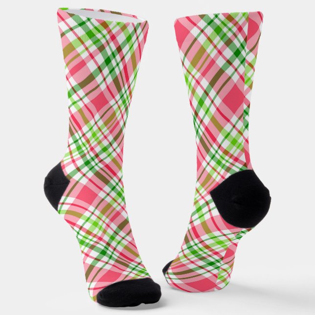 Pink and Green Plaid Pattern Socks (Angled)