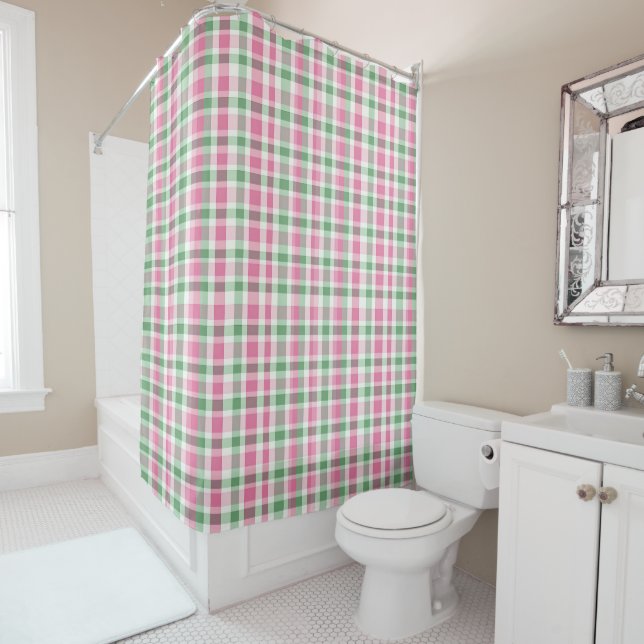 Pink And Green Plaid Tartan Checkered Patterned Shower Curtain (In Situ)