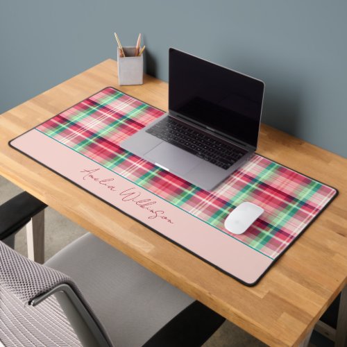 Pink and Green Plaid Tartan Desk Mat