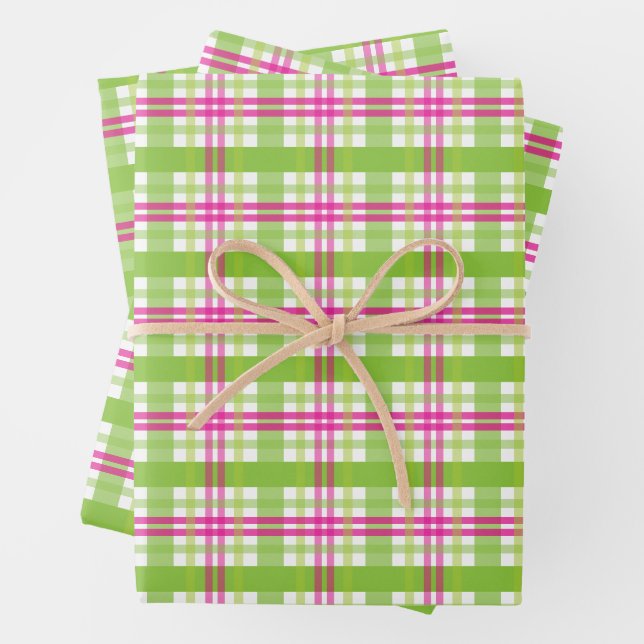 Pink and Green Plaid Wrapping Paper Sheets (In situ)