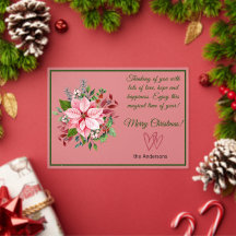 Pink and Green Poinsettia Frosted Christmas Card