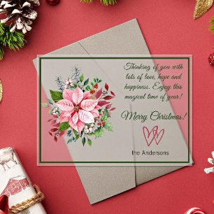 Pink and Green Poinsettia Frosted Christmas Card Acrylic Invitations