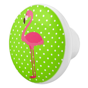 Pink and Green Polka Dot Flamingo Ceramic Knob