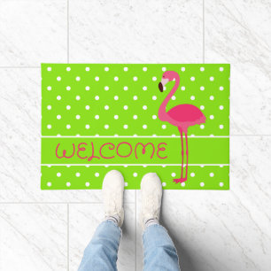 Pink and Green Polka Dot Flamingo Personalized Doormat