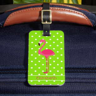 Pink and Green Polka Dot Flamingo Personalized Luggage Tag