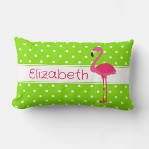 Pink and Green Polka Dot Flamingo Personalized Lumbar Pillow