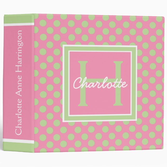 Pink and Green Polka Dot Monogram Baby 3 Ring Binder (Front/Spine)
