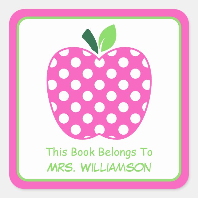 Pink and Green Polka Dot Teacher's Apple Bookplate (Front)