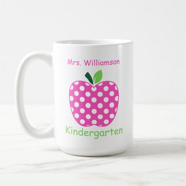Pink and Green Polka Dot Teacher's Apple Coffee Mug (Left)