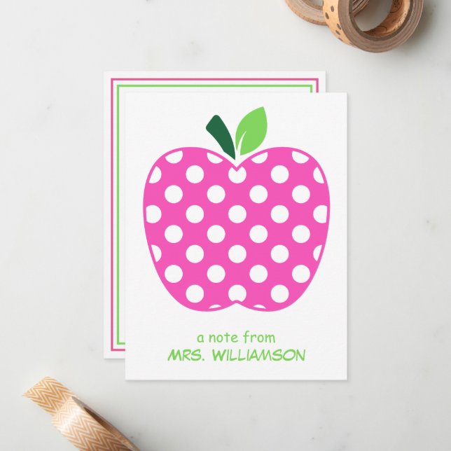 Pink and Green Polka Dot Teacher's Apple Note Card (Front/Back In Situ)