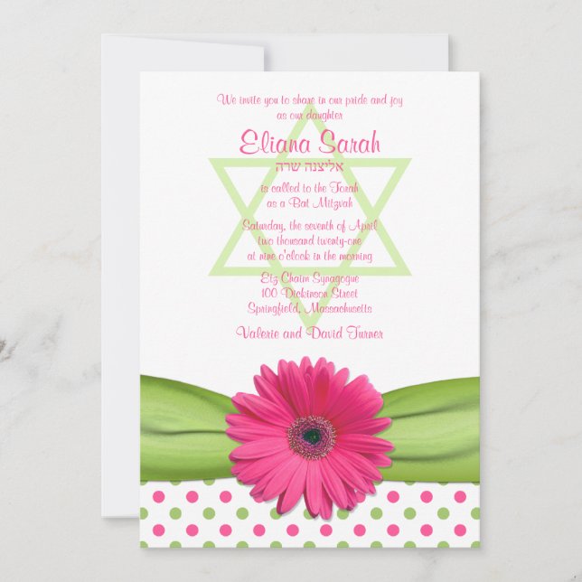 Pink and Green Polka Dots Bat Mitzvah Invitation (Front)