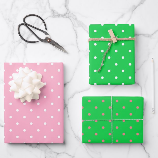 Pink and Green Polka Dots Trio Wrapping Paper Sheets (Front)