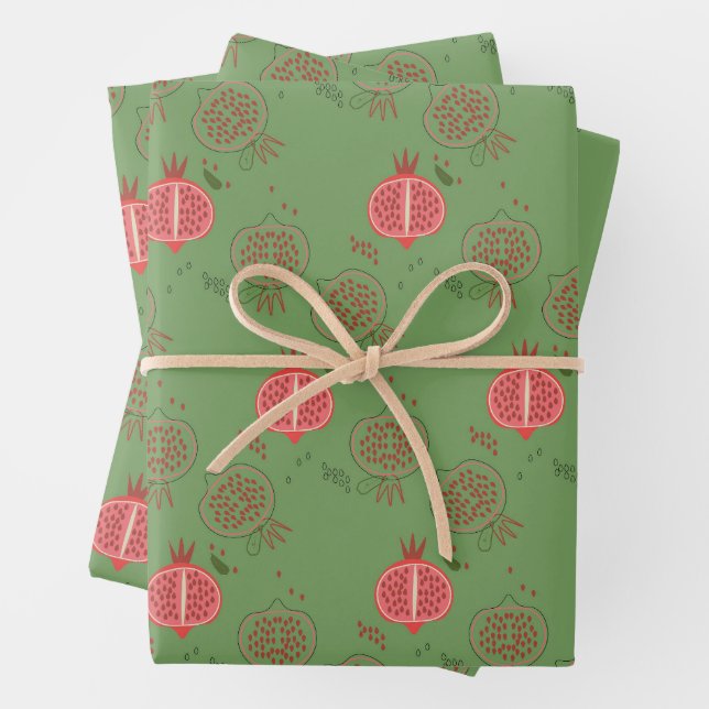 Pink and Green Pomegranates Wrapping Paper Sheets (In situ)