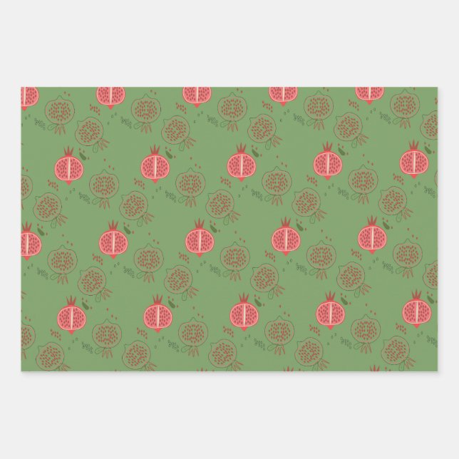 Pink and Green Pomegranates Wrapping Paper Sheets (Front)