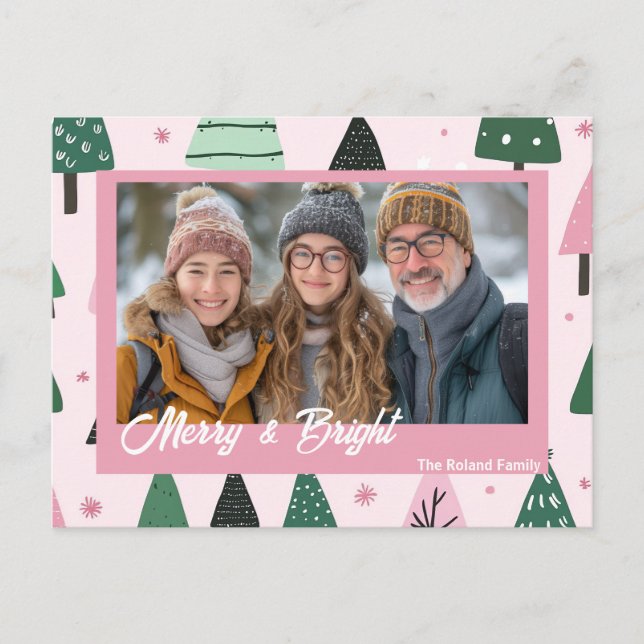 Pink and Green Preppy Christmas Tree Holiday Photo Postcard (Front)