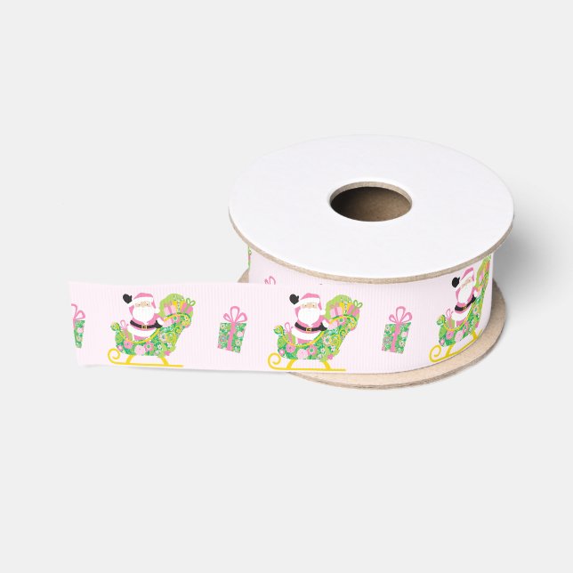 Pink and Green Preppy Palm Beach Santa Claus Grosgrain Ribbon (Spool)