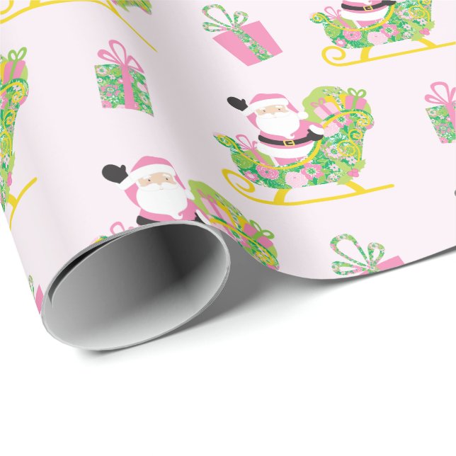 Pink and Green Preppy Palm Beach Santa Claus Wrapping Paper (Roll Corner)