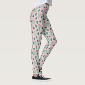 Pink and Green Pretty Cactus Pattern Leggings