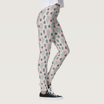 Pink And Green Pretty Cactus Pattern Leggings by NamiBear at Zazzle