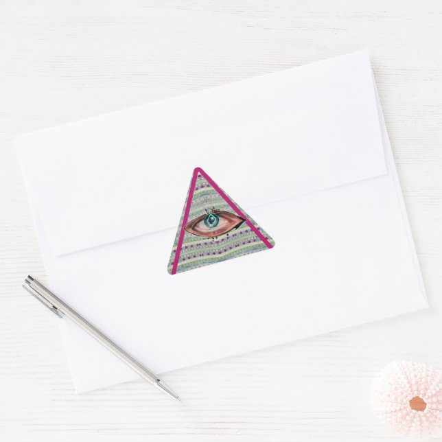 Pink and Green Pretty Eye Hearts Triangle Triangle Sticker (Envelope)
