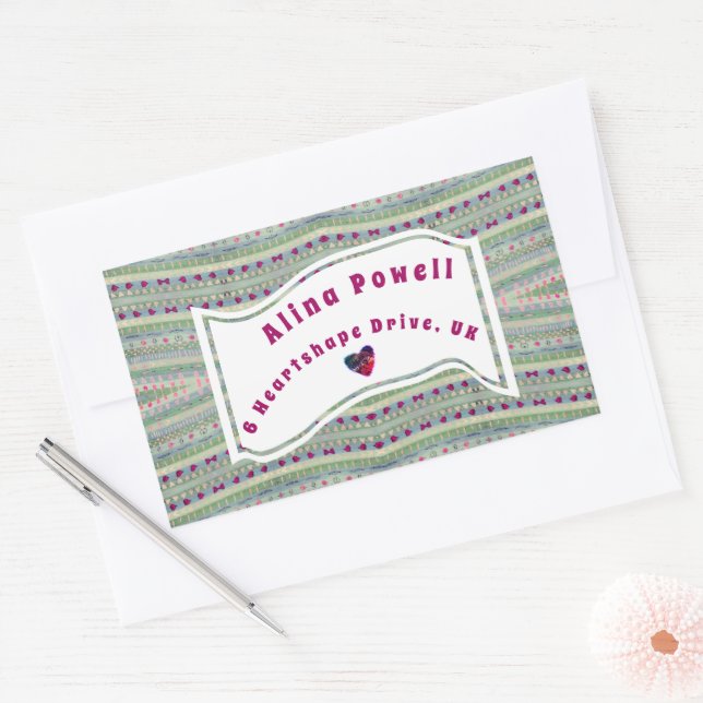 Pink and Green Pretty Hearts Pattern Address Rectangular Sticker (Envelope)