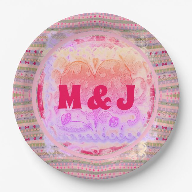 Pink and Green Pretty Hearts Pattern and Initials Paper Plates (Front)