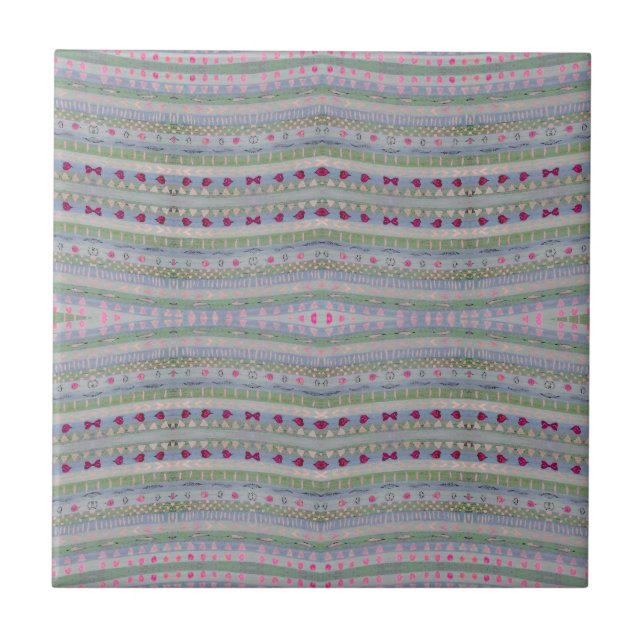 Pink and Green Pretty Hearts Pattern Ceramic Tile (Front)