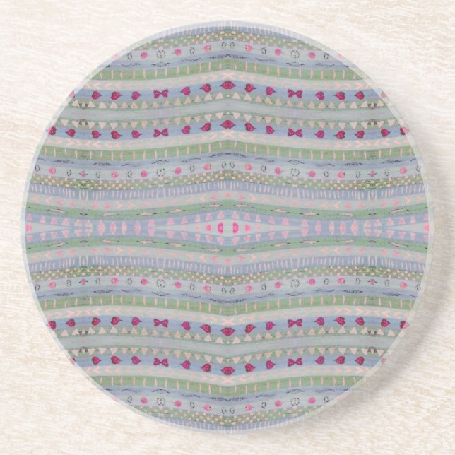 Pink and Green Pretty Hearts Pattern Drink Coaster (Front)