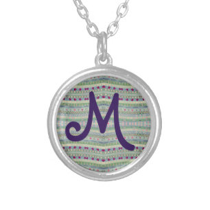 Pink and Green Pretty Hearts Pattern & Monogram Silver Plated Necklace
