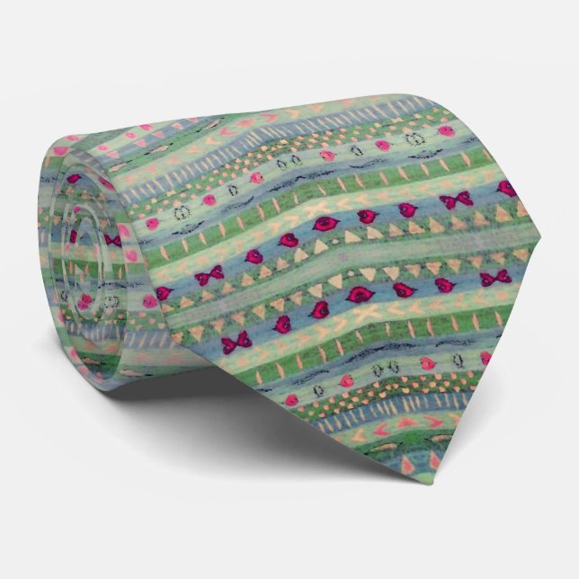 Pink and Green Pretty Hearts Pattern Neck Tie (Rolled)