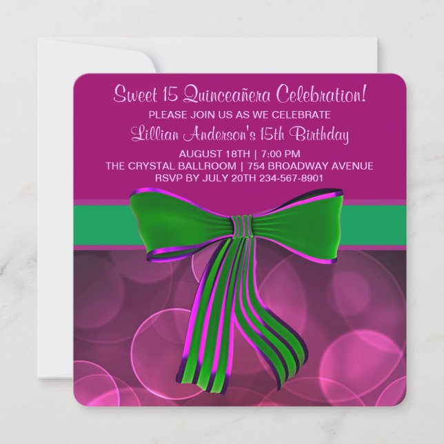 Pink and Green Quinceanera Invitation (Front)
