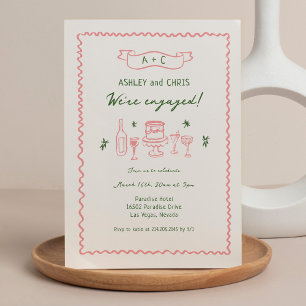 Pink and Green Quirky Hand Drawn Engagement Party Invitation