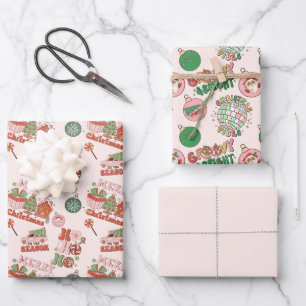 Pink and Green Retro Christmas  Wrapping Paper Sheets