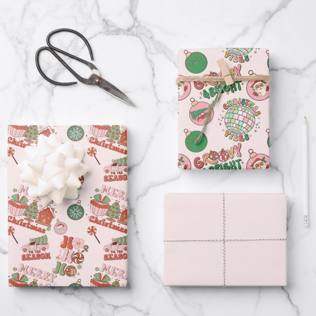 Pink and Green Retro Christmas  Wrapping Paper Sheets (Front)
