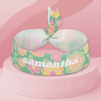 Pink and green retro floral Pattern with Name Elastic Hair Tie