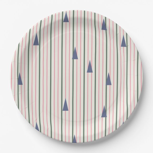 Pink and Green Retro Stripe Paper Plates (Front)