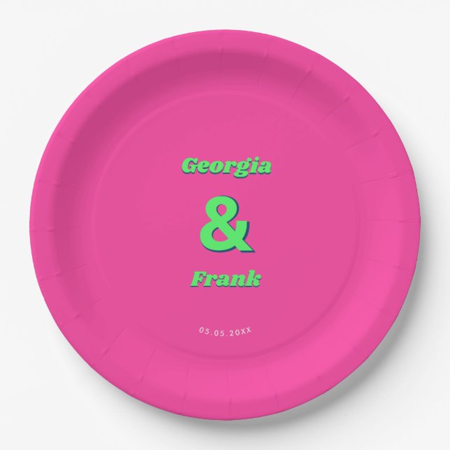 Pink and Green Retro Wedding Engagement Party Paper Plates (Front)