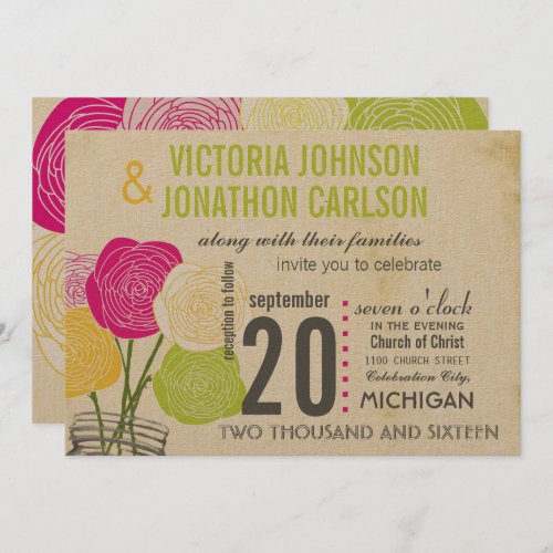Pink and Green Rose Typography Photo on Back Invitation