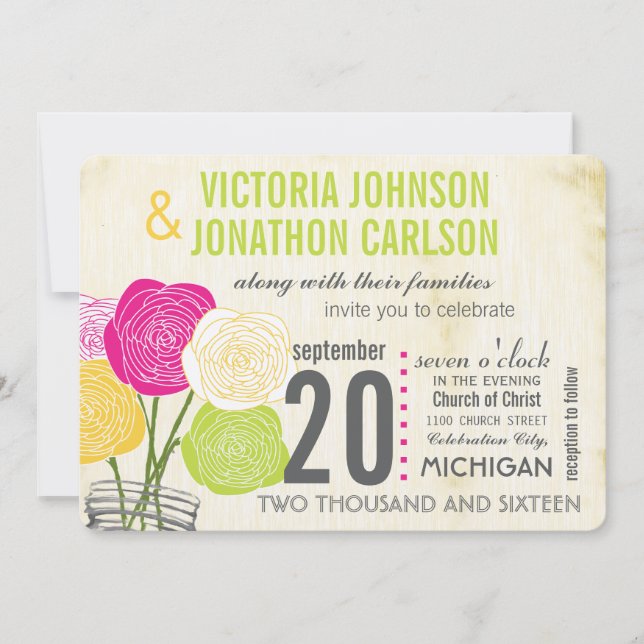 Pink and Green Rose Your Photo Typography Invitation (Front)