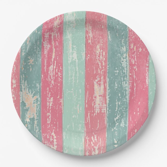 Pink and Green Rustic Wooden Fence Grunge Texture Paper Plates (Front)