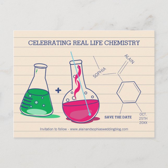 Pink and Green Save the Date Chemistry Postcards (Front)