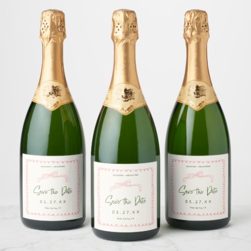 Pink and Green Save The Date Wedding Monogram Sparkling Wine Label