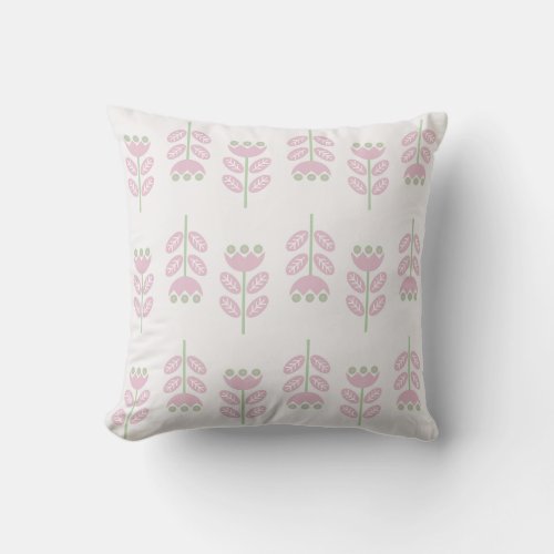 Pink and Green Scandinavian Flowers Throw Pillow