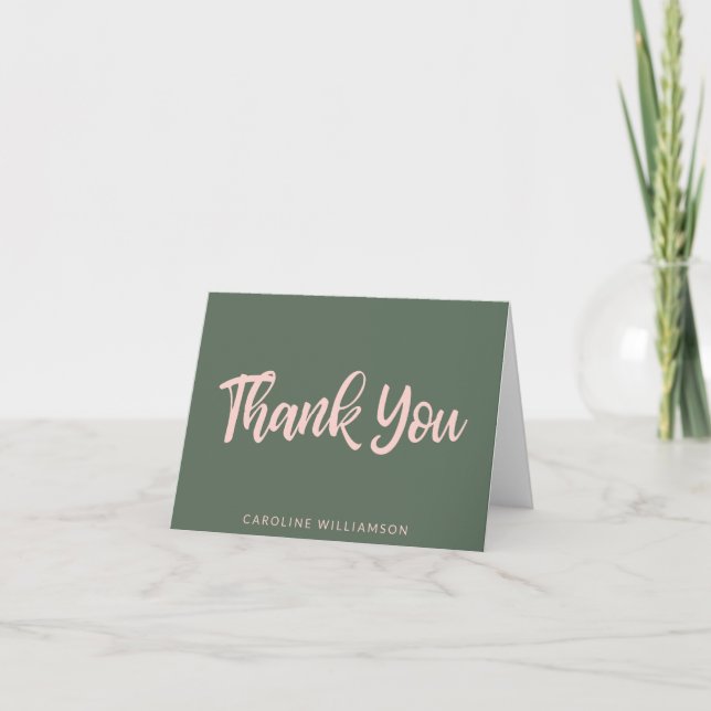 Pink and Green Script Typography Personalized Letterpress Thank You Card (Front)