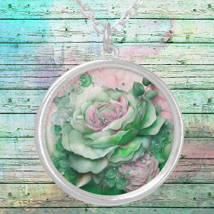 Pink and Green Silver Veined Rose Plated Necklace
