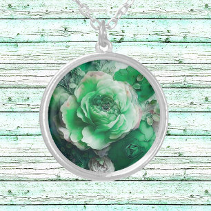 Pink and Green Silver Veined Rose Silver Plated Necklace