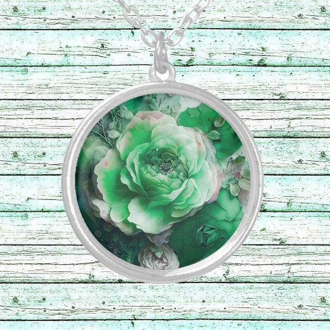 Pink and Green Silver Veined Rose  Silver Plated Necklace (Creator Uploaded)