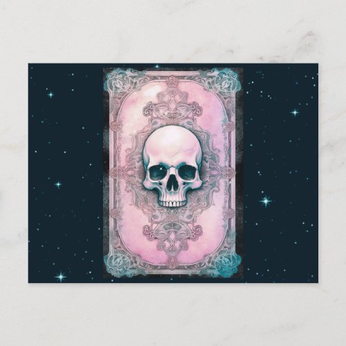 Pink and Green Skull Vintage Celestial Halloween Holiday Postcard