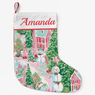 Pink and Green Snowmen Small Christmas Stocking