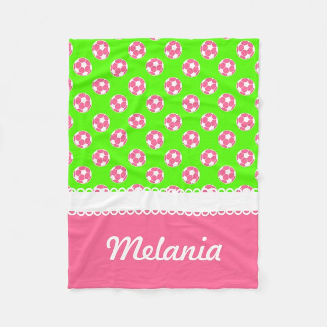 Pink and Green Soccer Balls Personalized Blanket (Front)